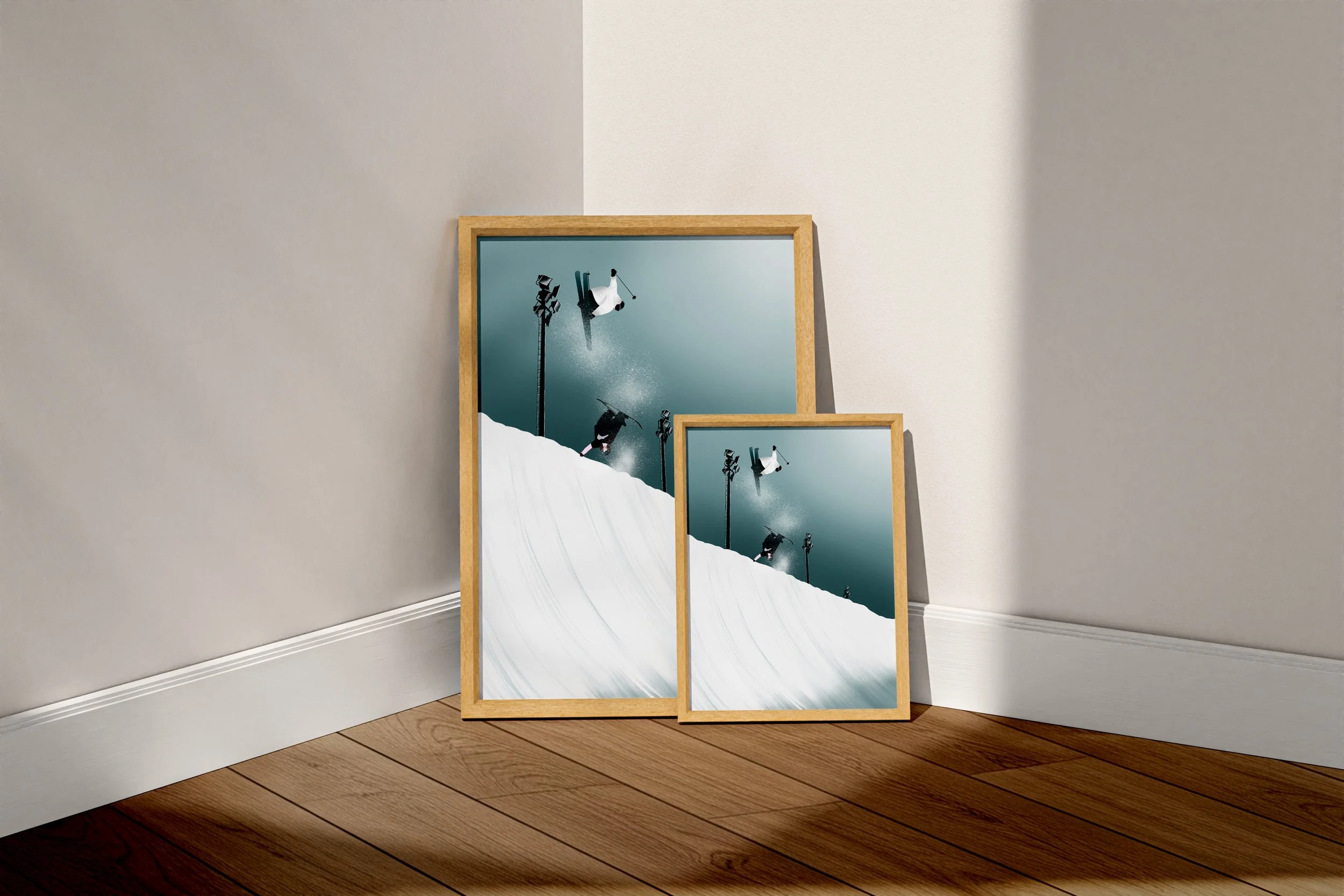 Deux skieurs exécutant des tricks dans un half-pipe enneigé.