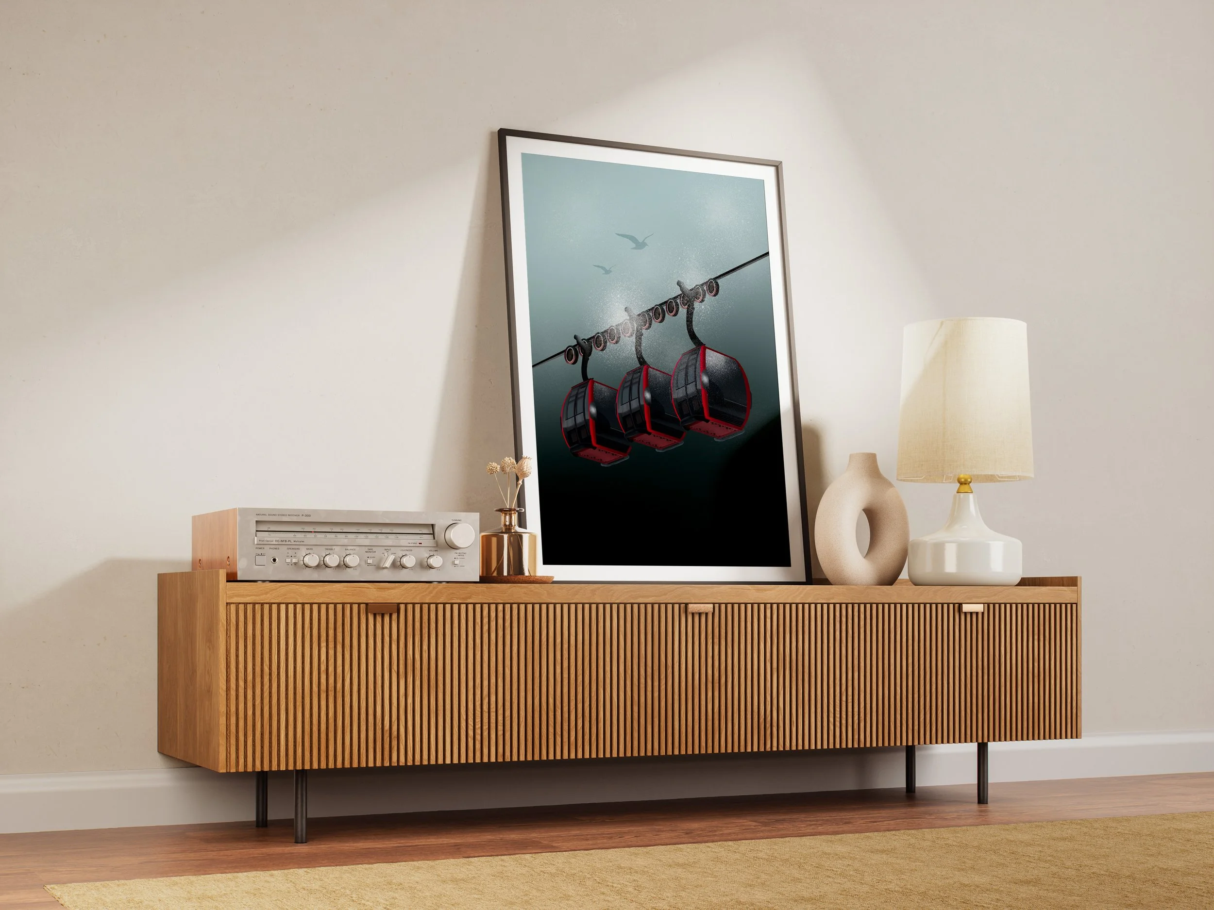 Illustration digitale de la télécabine rouge  de la station de ski de Ruka en Finlande.