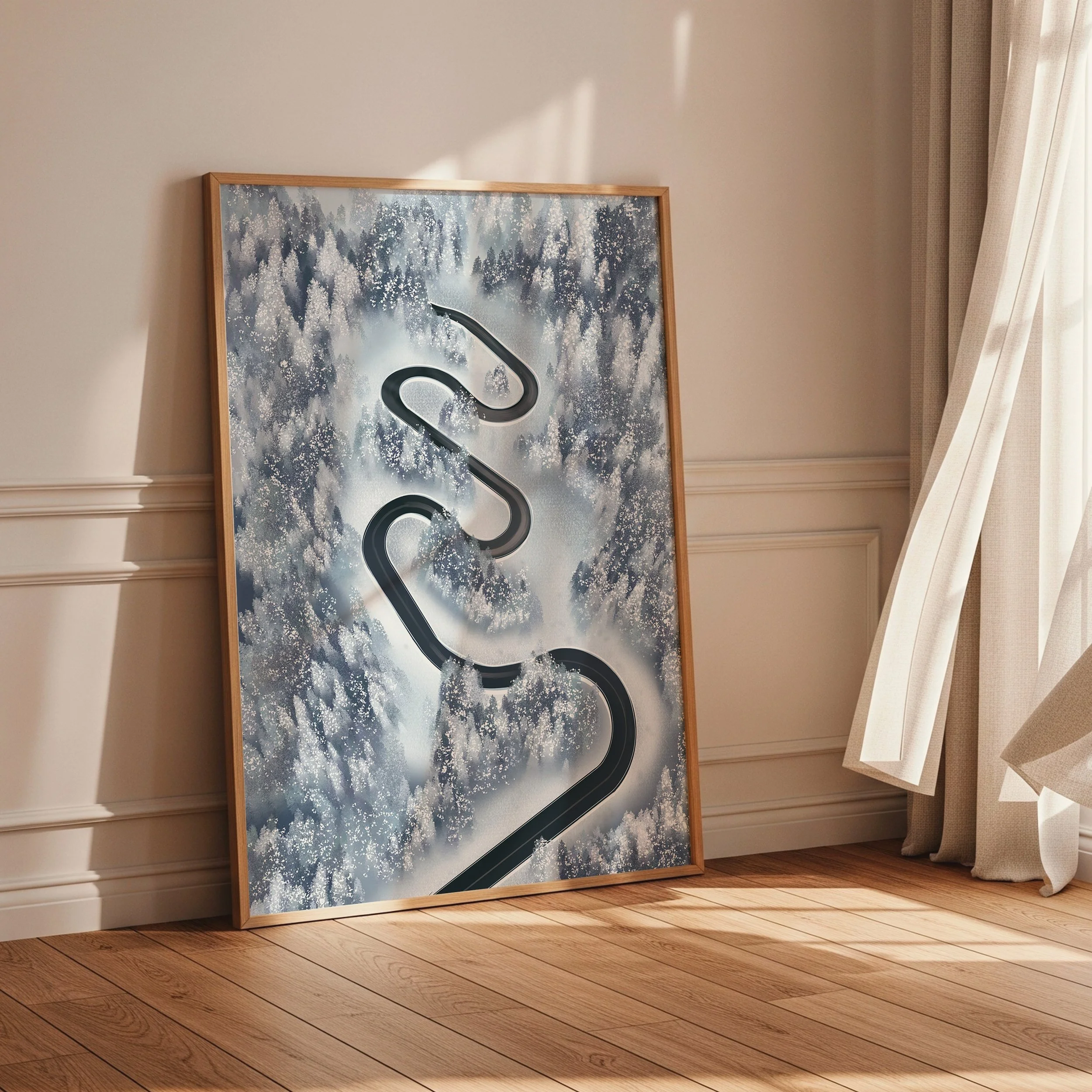 Illustration d'une route enneigé dans les Dolomites en Italie.