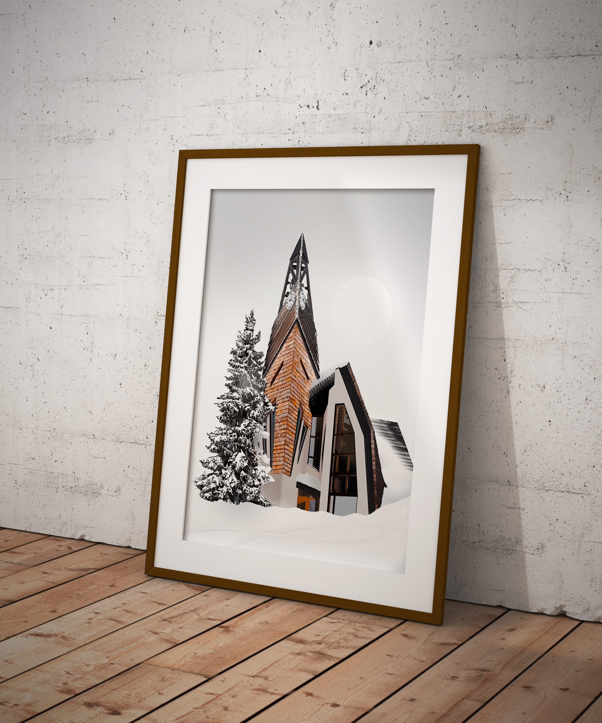 Illustration de l'église enneigée de Avoriaz, une station de ski dans les Alpes Francaises.