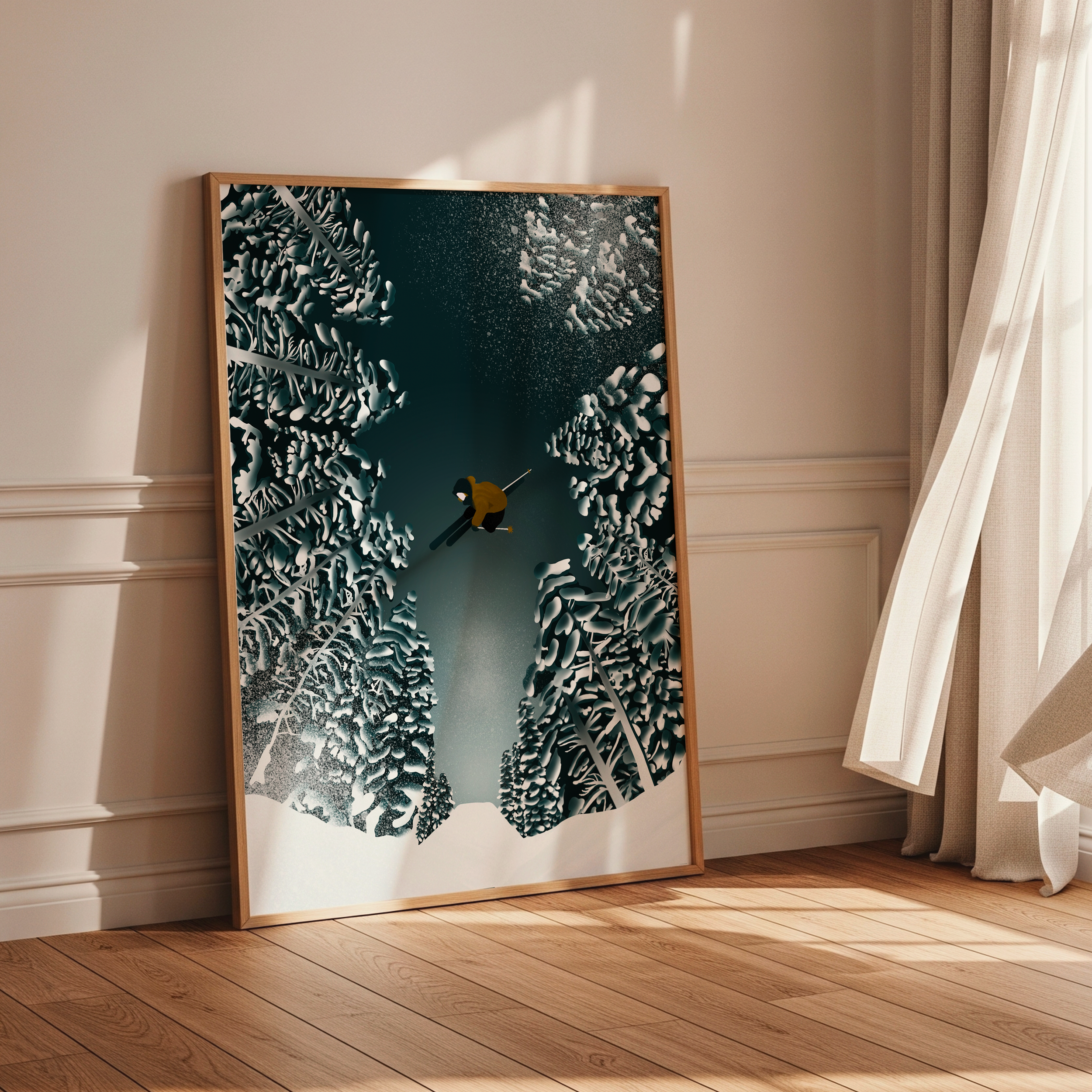 Illustration qui représente un skieur freestyle au milieu de la forêt Finlandaise.