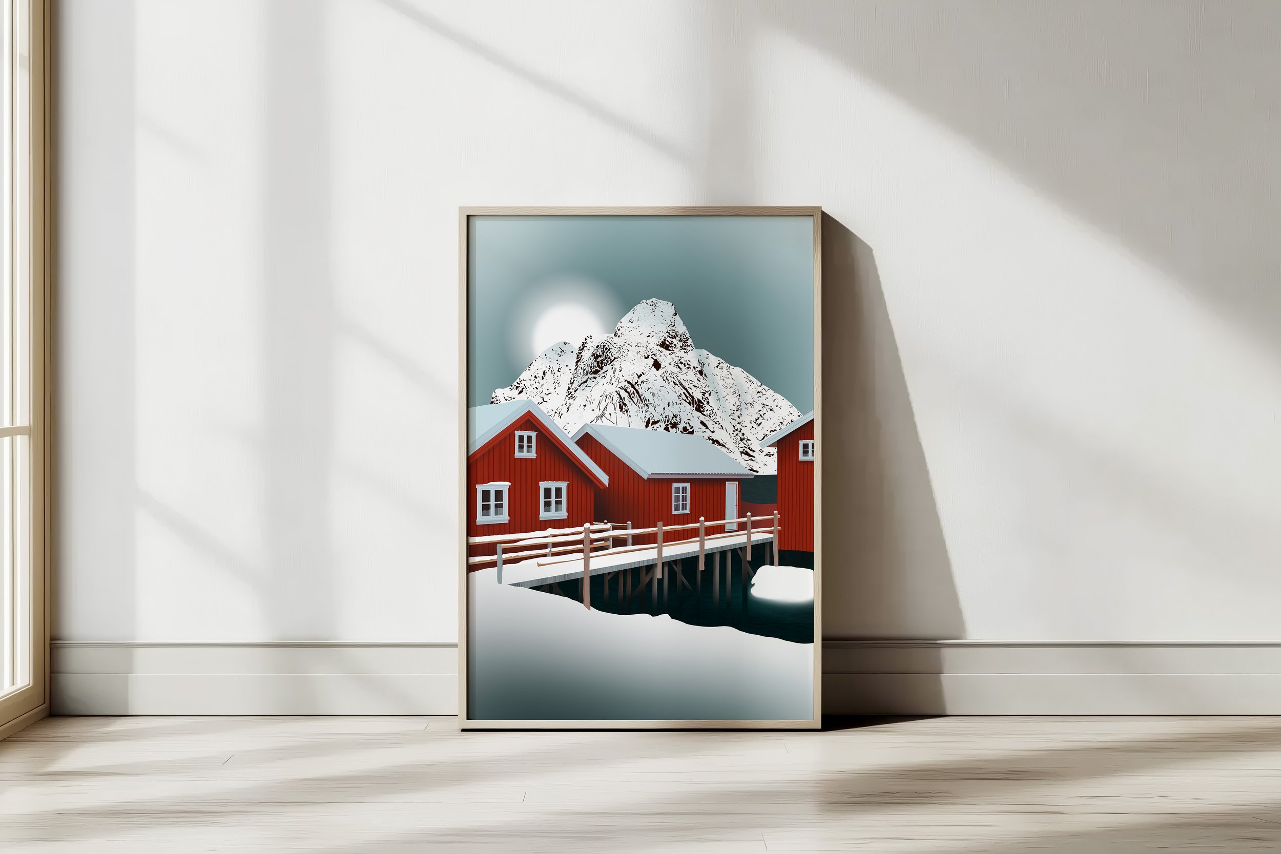 Maisons traditionnelles rouges sur pilotis au bord de l’eau dans les Lofoten en Norvège.