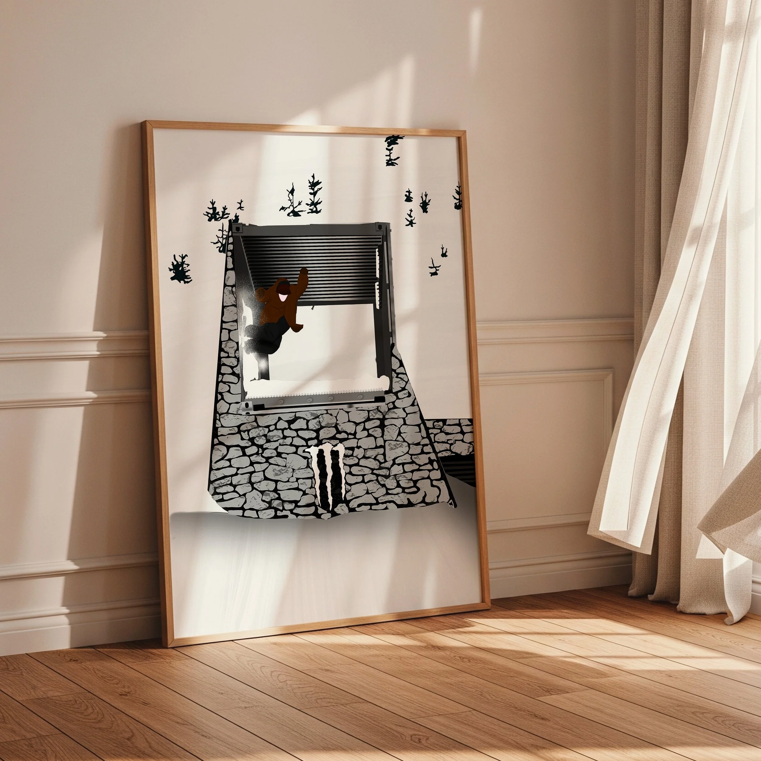 llustration digitale de ski freestyle street, autour d'un spot enneigé.