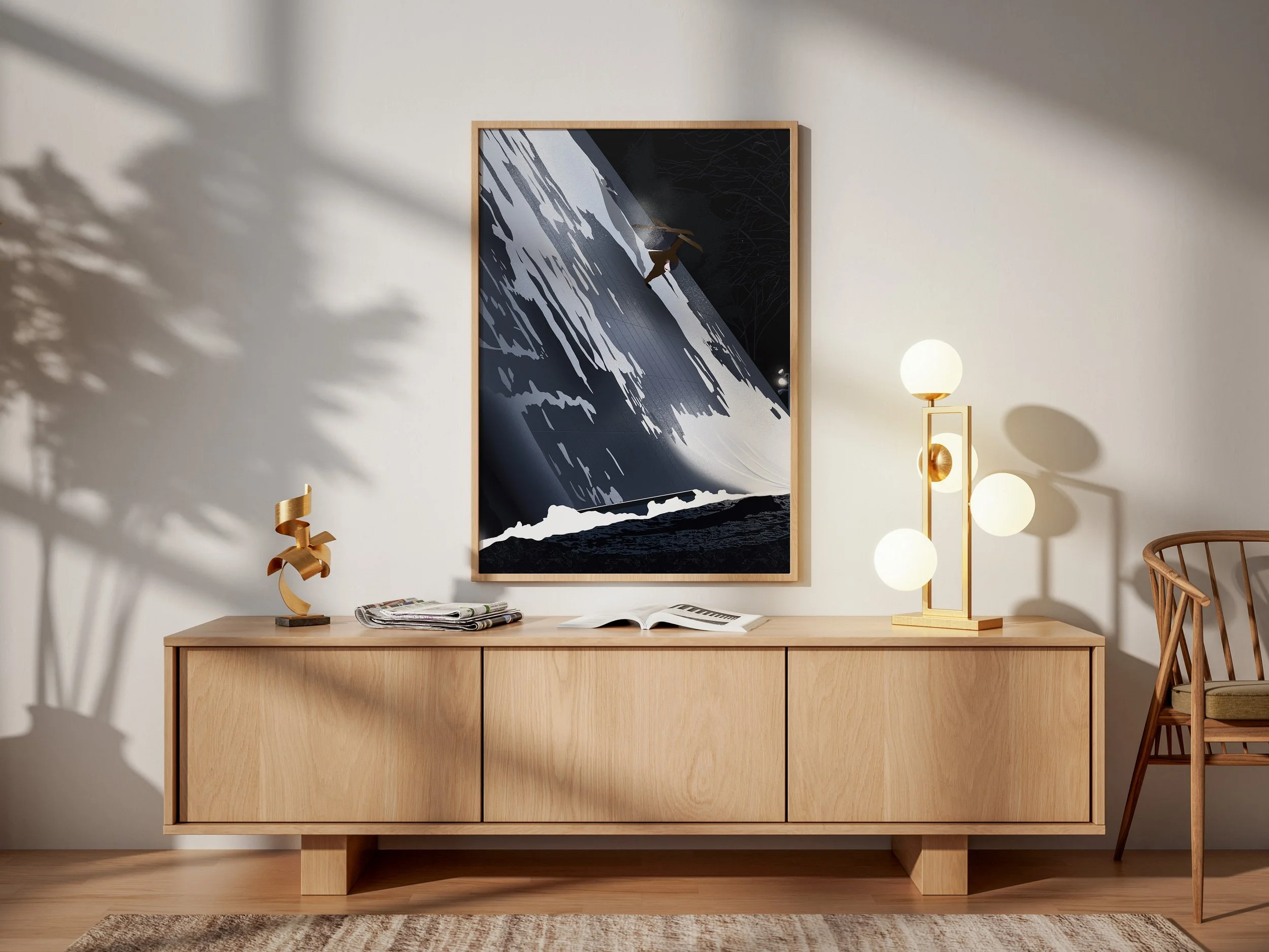 Illustration digitale inspirée du ski freestyle street, avec une ambiance urbaine.