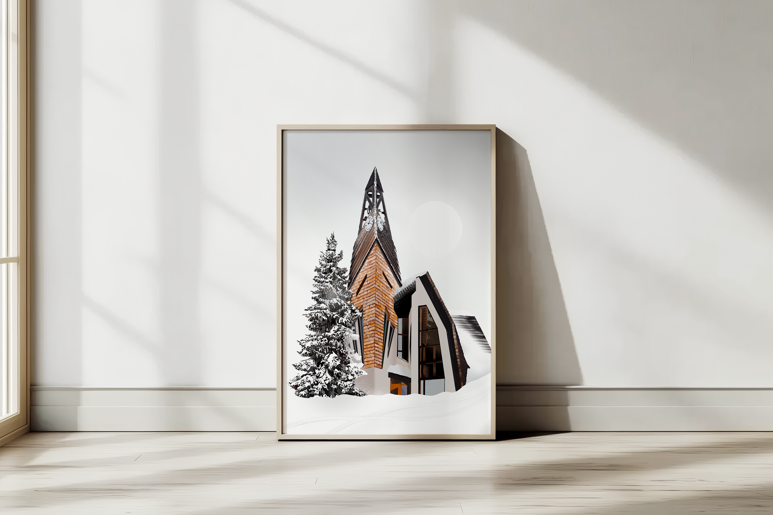 Illustration de l'église enneigée de Avoriaz, une station de ski dans les Alpes Francaises.