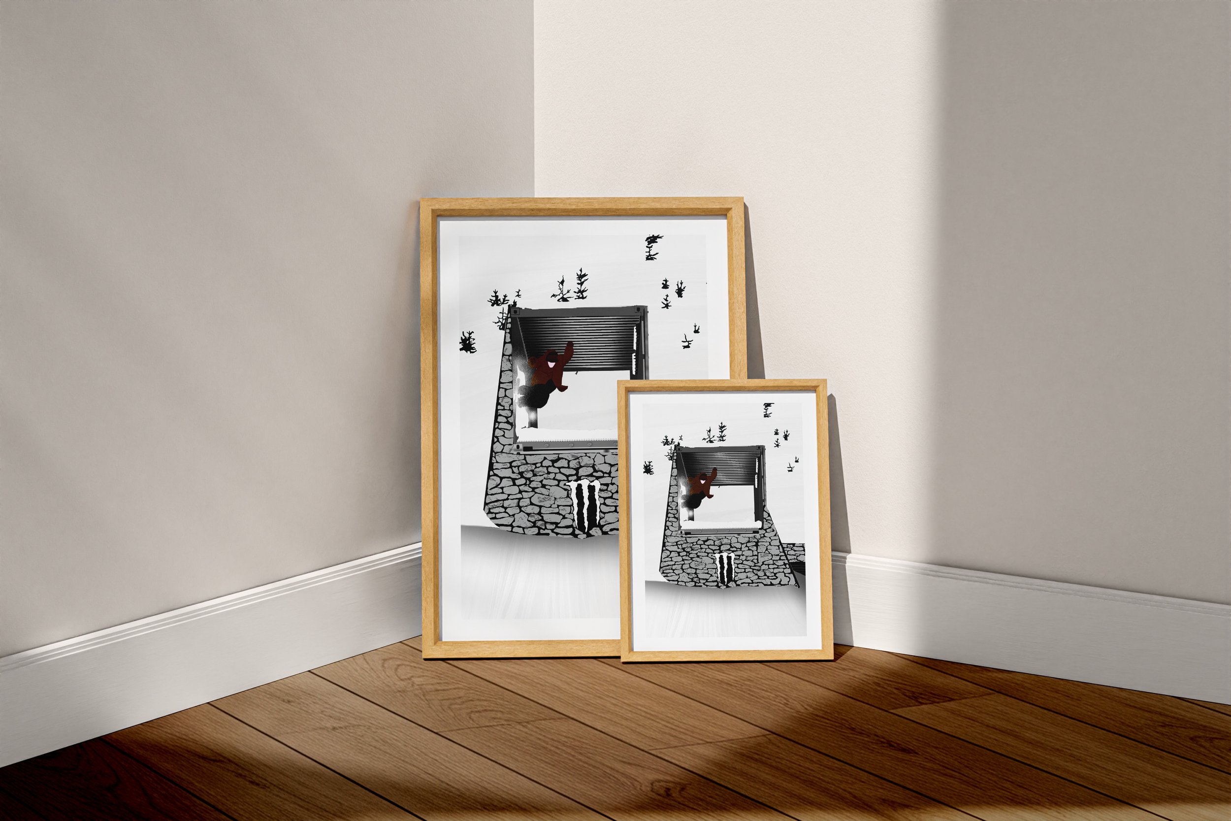 llustration digitale de ski freestyle street, autour d'un spot enneigé.