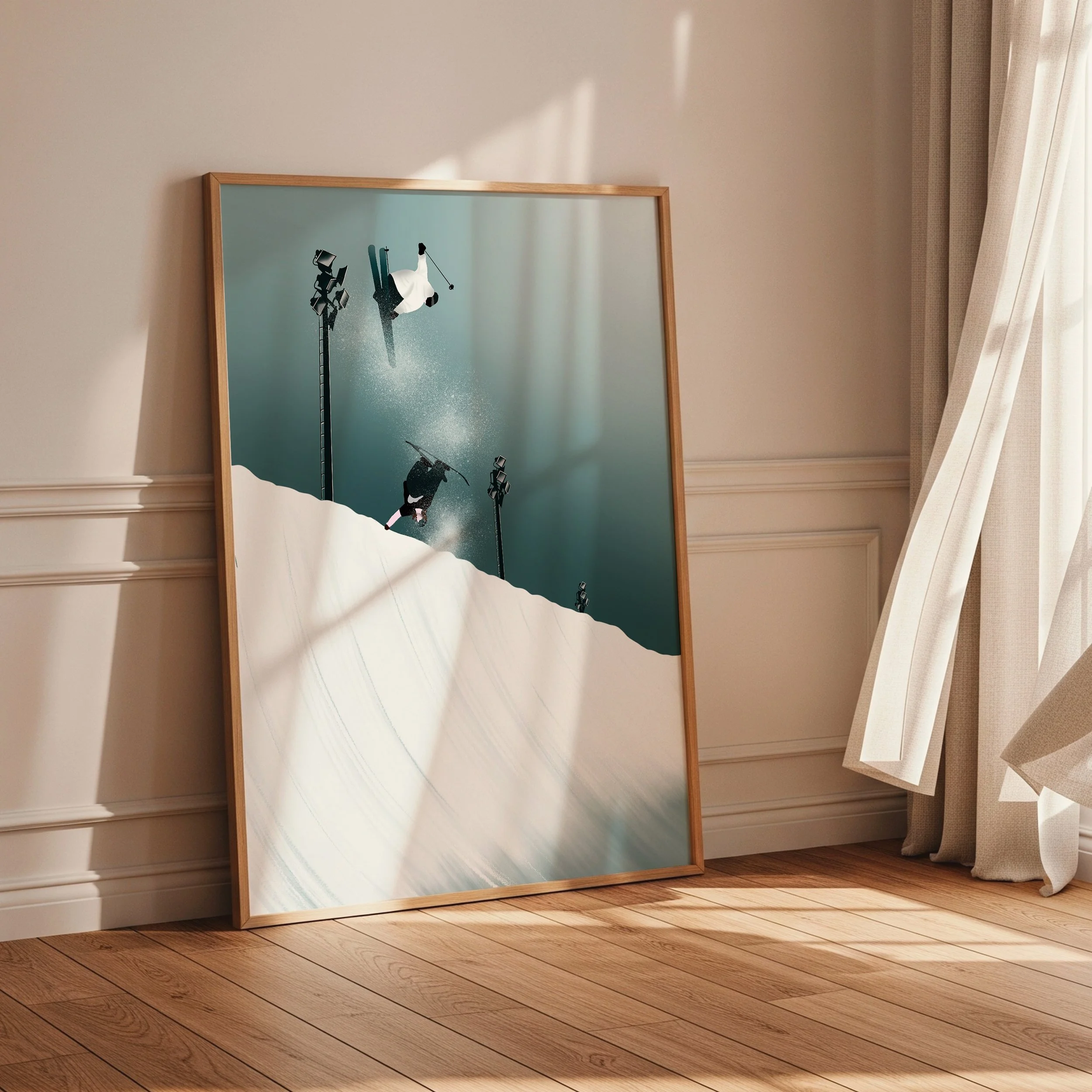 Deux skieurs exécutant des tricks dans un half-pipe enneigé.