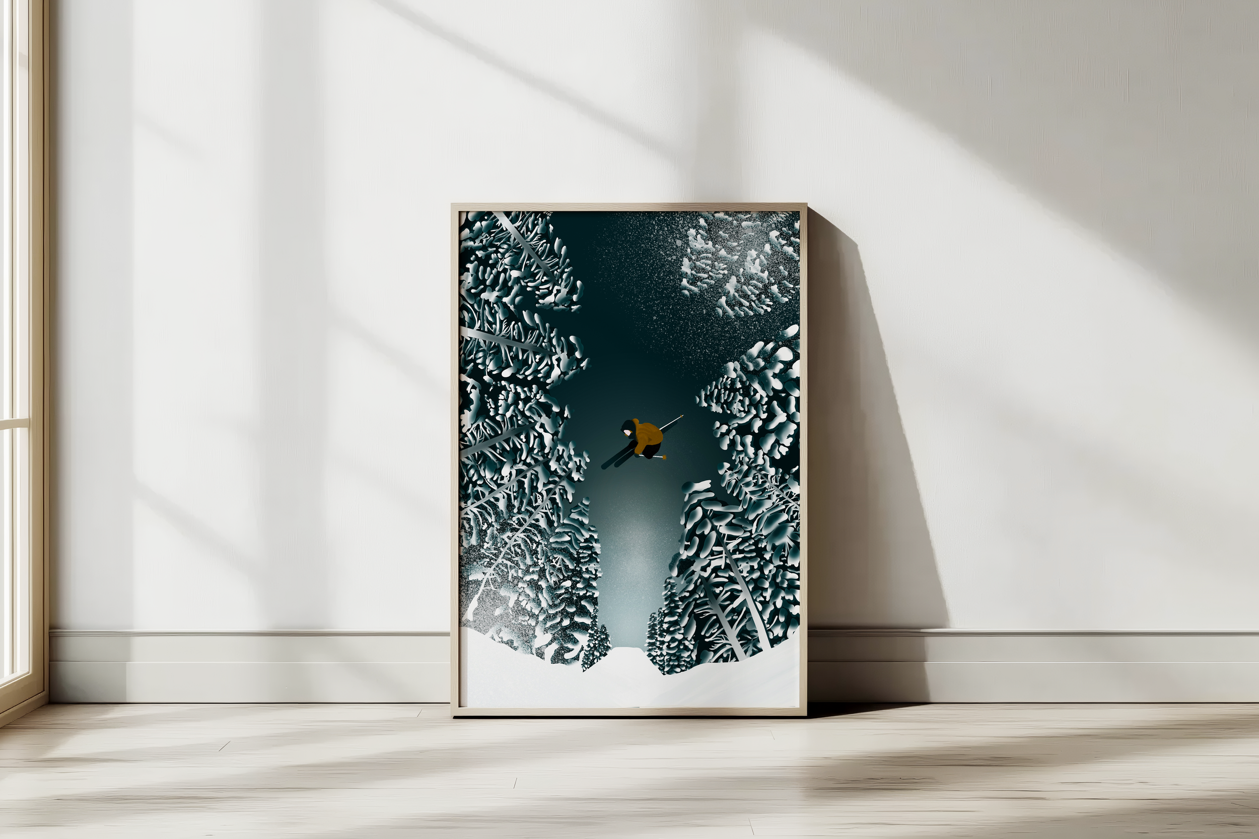 Illustration qui représente un skieur freestyle au milieu de la forêt Finlandaise.