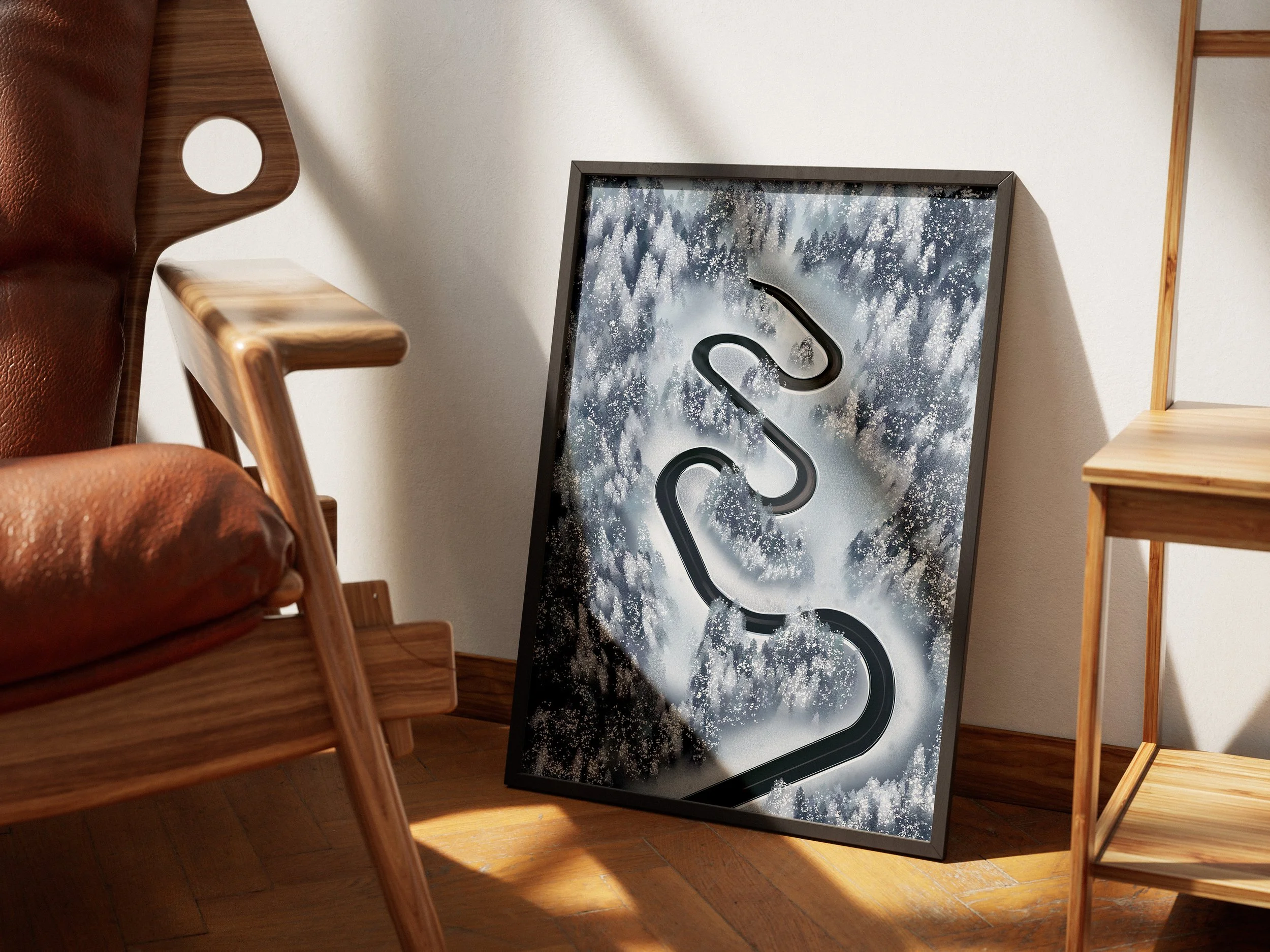 Illustration d'une route enneigé dans les Dolomites en Italie.