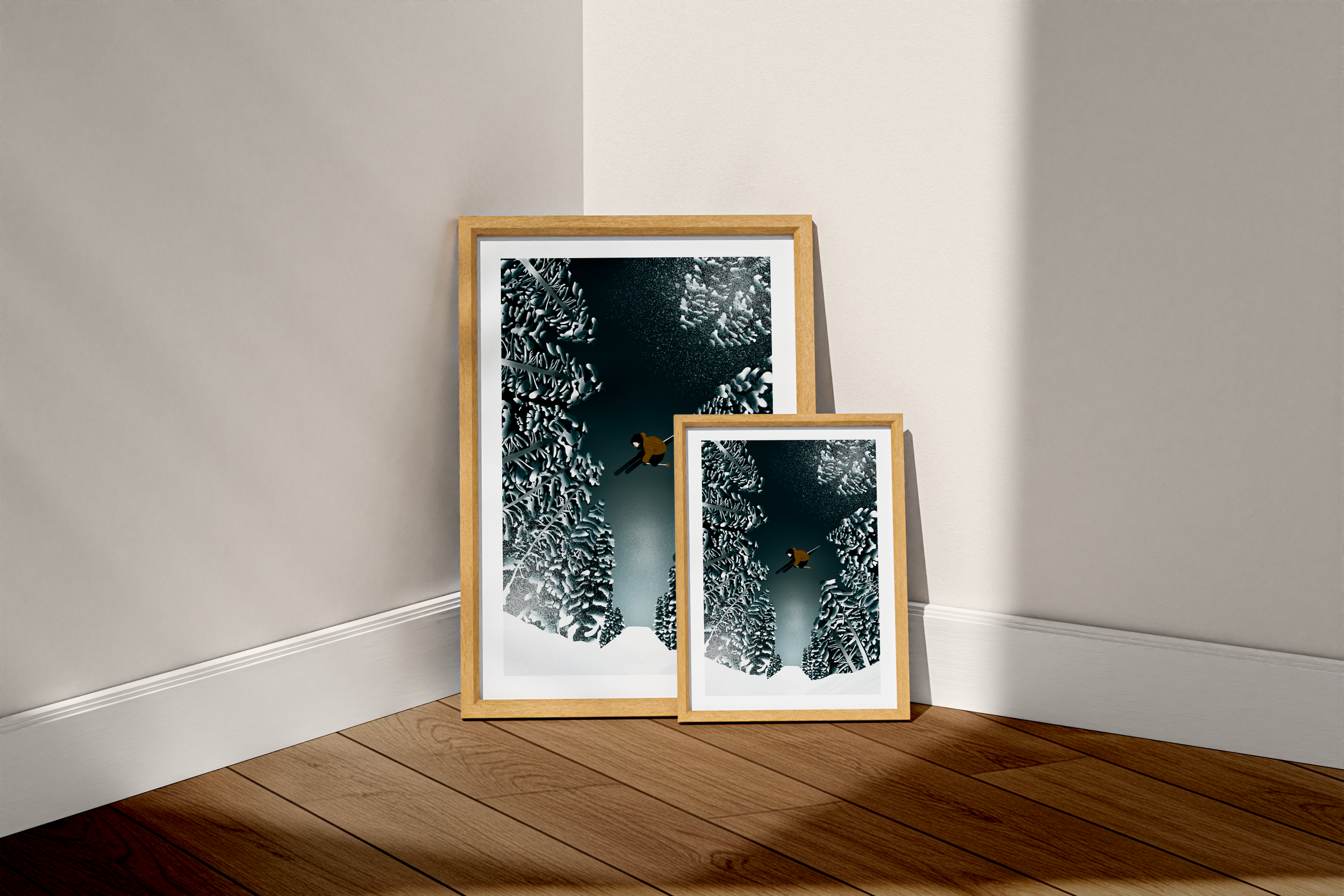 Illustration qui représente un skieur freestyle au milieu de la forêt Finlandaise.