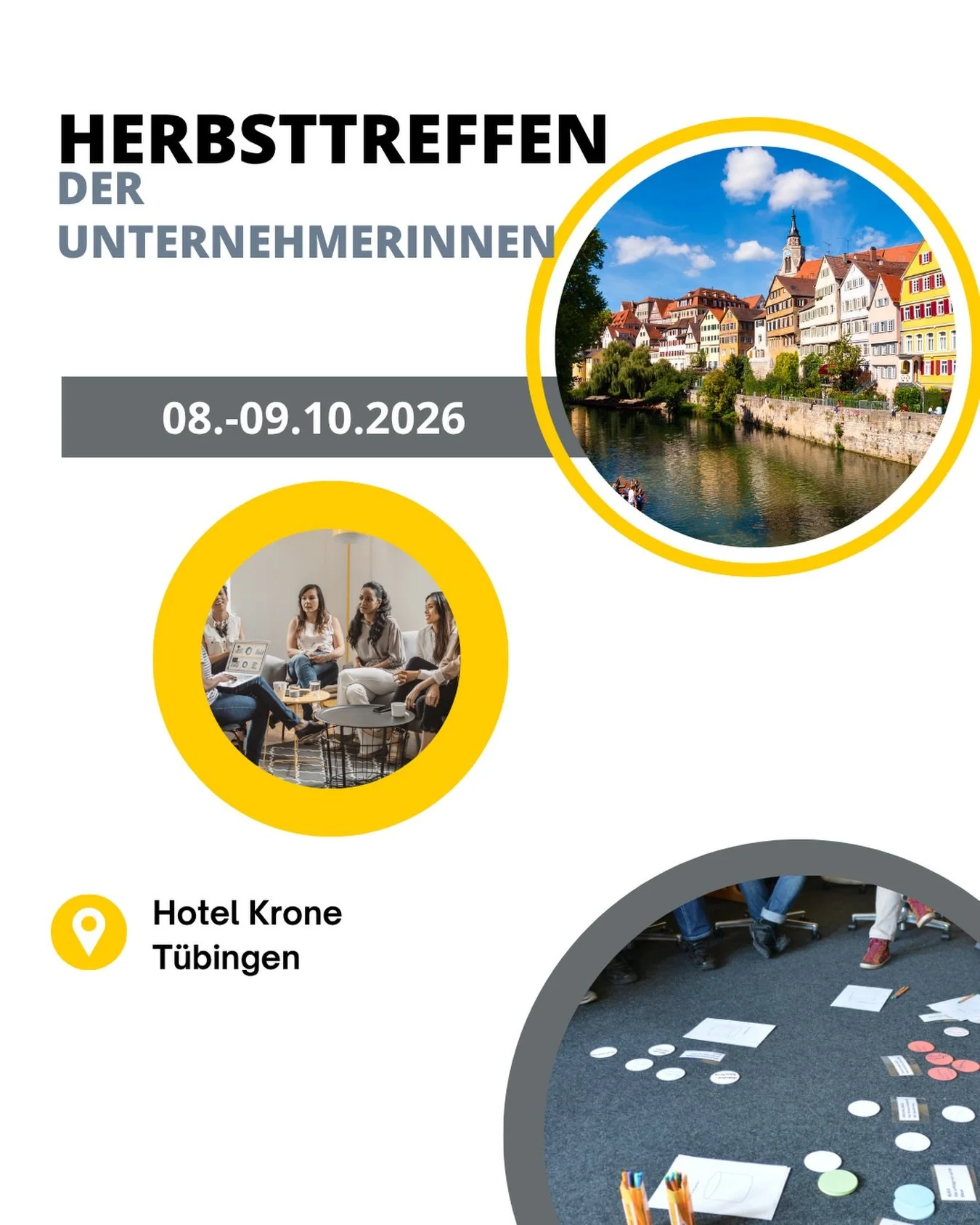 📅 08.&ndash;09. Oktober 2026 

📍 Hotel Krone, T&uuml;bingen

Du bist Unternehmerin (oder auf dem Weg dahin) in der Bauwirtschaft Baden-W&uuml;rttemberg? Dann schnapp dir dein Ticket f&uuml;r zwei Tage voller Austausch, Impulse und echter Verbindung