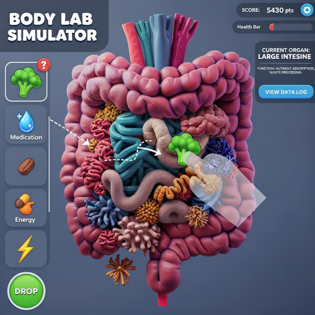 Body Lab Simulator
Interactive educational platform visualising nutrient absorption and organ function.

Designed to simulate real-time cause and effect within the digestive system, the interface combines medical accuracy with playful visual storytel