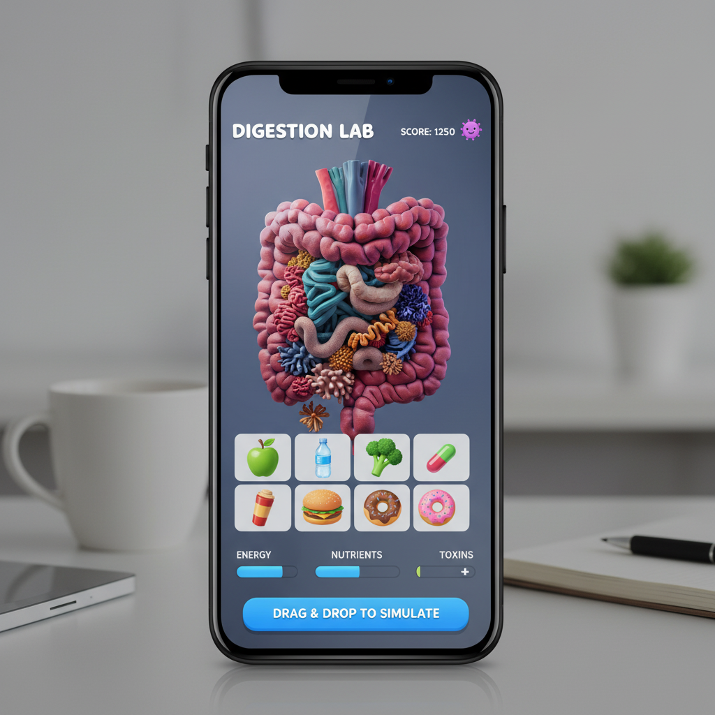 Digestion Lab
Interactive mobile learning experience designed to gamify digestive health education.

A drag-and-drop simulation allowing users to explore how food, nutrients and toxins impact the gut in real time. Designed with playful 3D visuals and
