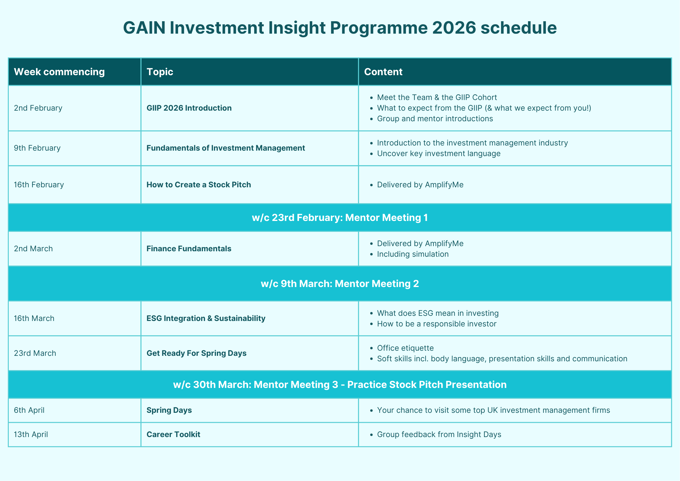 Schedule for GAIN Investment Insight Programme 2026, listing dates, topics, and content for each week from February to April, including introductions, fundamentals, mentorship meetings, ESG investment, and career toolkit sessions.