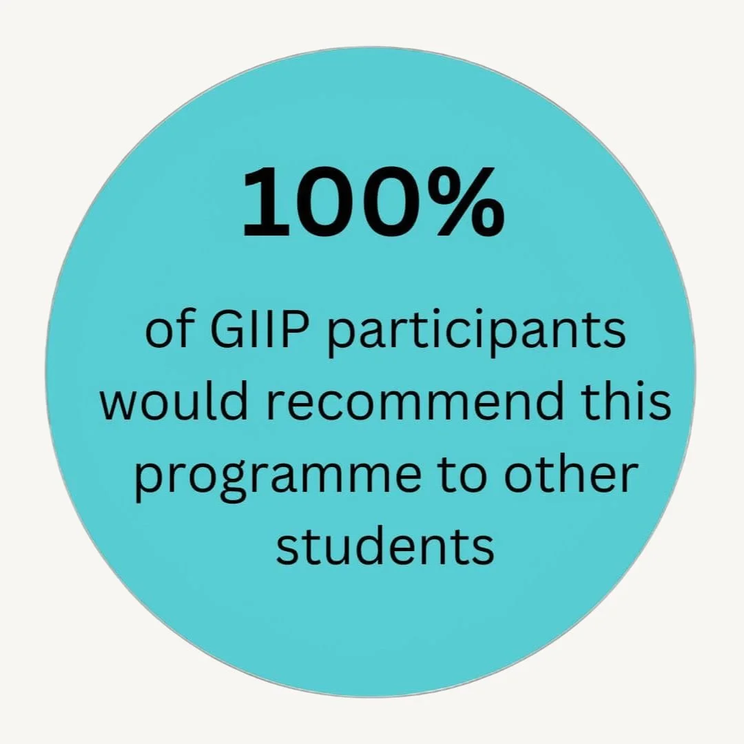 Blue circle with black text stating "100% of GIIP participants would recommend this programme to other students."