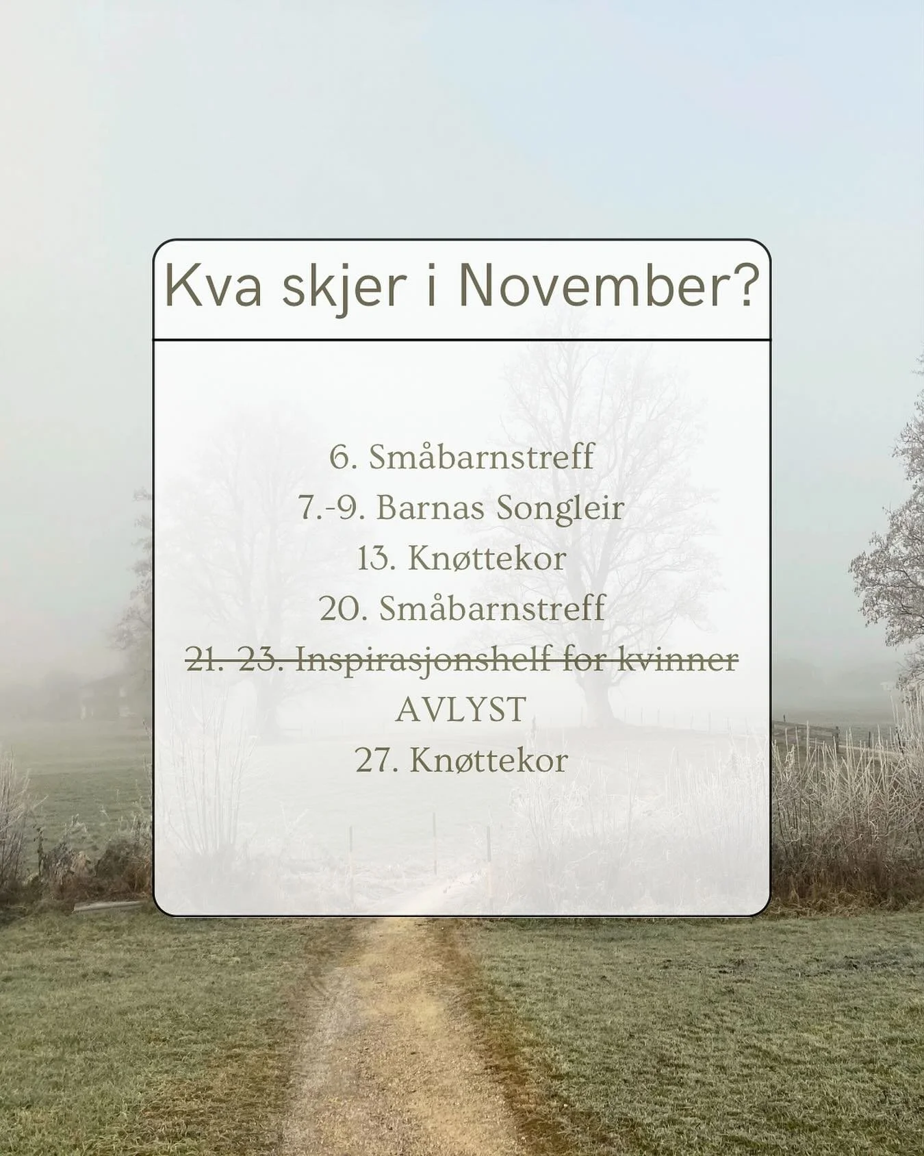 Her er en oversikt over hva som skjer p&aring; Lyngmo i november!☺️ Noter ned i kalenderen s&aring; du ikke g&aring;r glipp av noe🤩