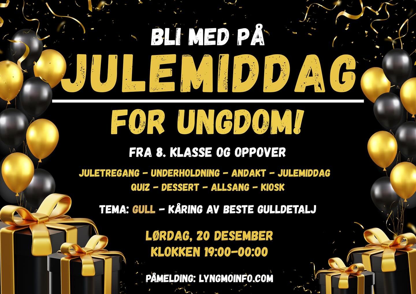 L&oslash;rdag, 20. desember braker det l&oslash;s med ny julemiddag for ungdom!🎅🏼🥳

Julemiddag for ungdom er for 8.klasse og oppover! 

Knut Jonas Gunvordal og Anna Vistnes leder oss gjennom kvelden, og programmet for kvelden inneholder blant anne