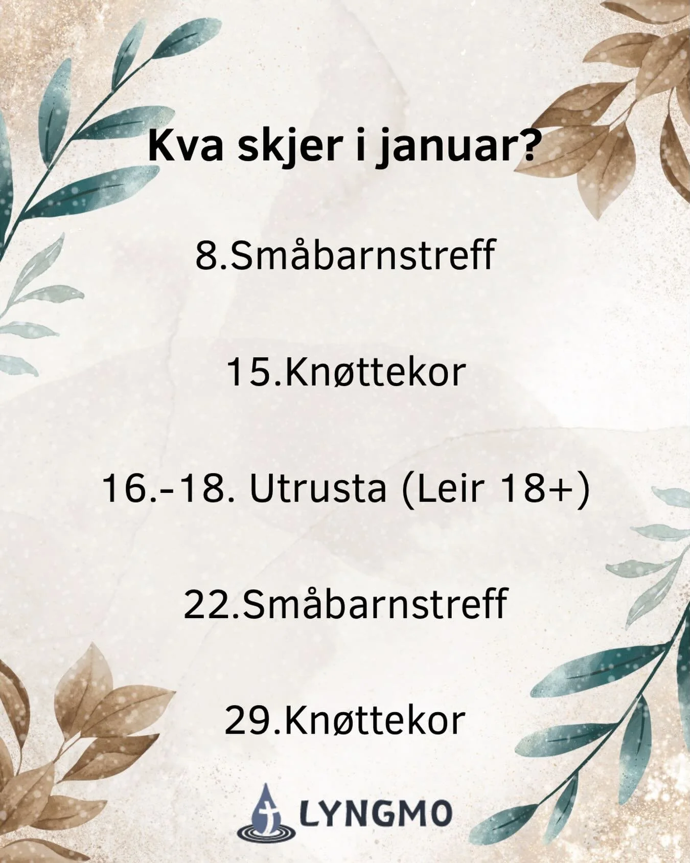 Godt nytt&aring;r!✨ Her er en oversikt over hva som skjer p&aring; Lyngmo i januar!☺️ Sett av datoer dersom det er noen arrangementer du &oslash;nsker &aring; delta p&aring;! H&aring;per &aring; se akkurat deg p&aring; Lyngmo i l&oslash;pet av &aring