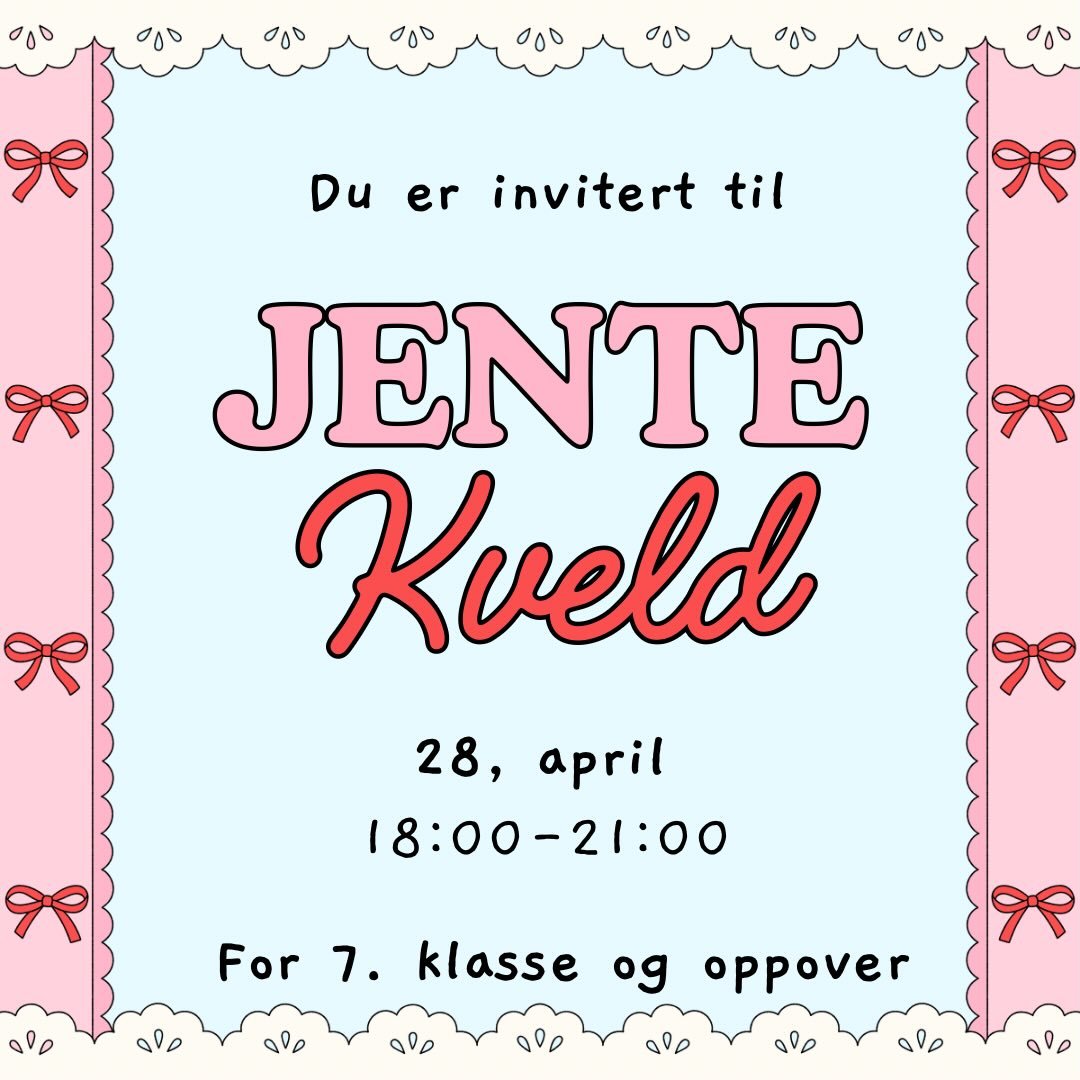 Bli med p&aring; JENTEKVELD p&aring; Lyngmo!🎀 Tirsdag, 28. april, klokken 18-21!🌷 Jentekvelden er for 7 klasse og opp til 3 vgs!🎀 Sjekk ut arrangementet p&aring; www.lyngmoinfo.com for mer informasjon og p&aring;melding!🌸