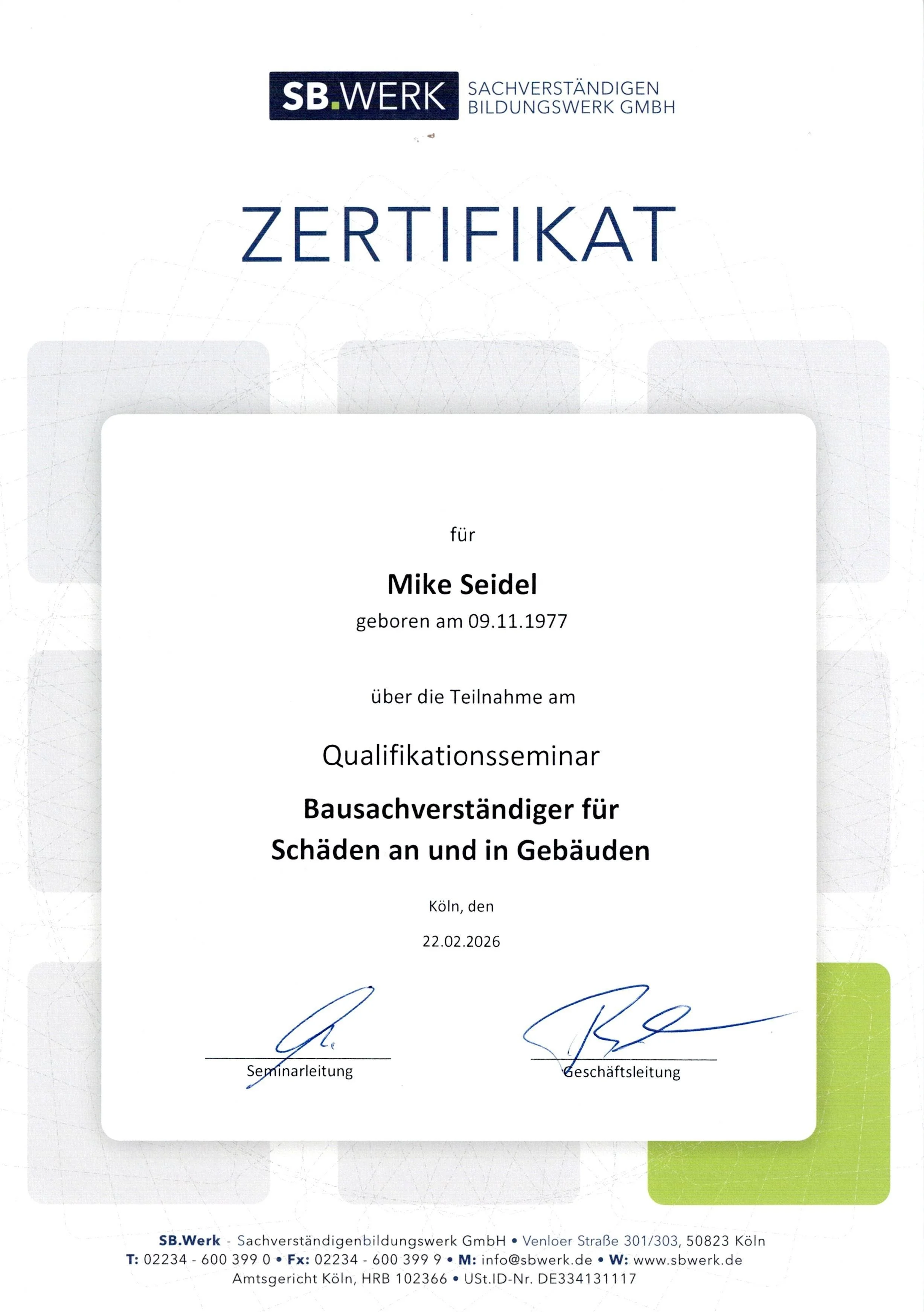 Qualifikation Bausachverständiger S&R Schadenmanagement