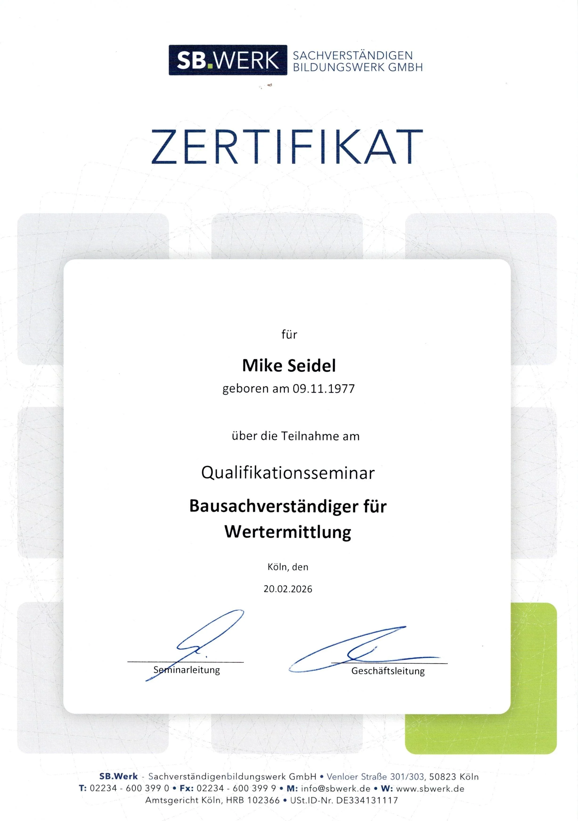 Zertifikat Bausachverständiger