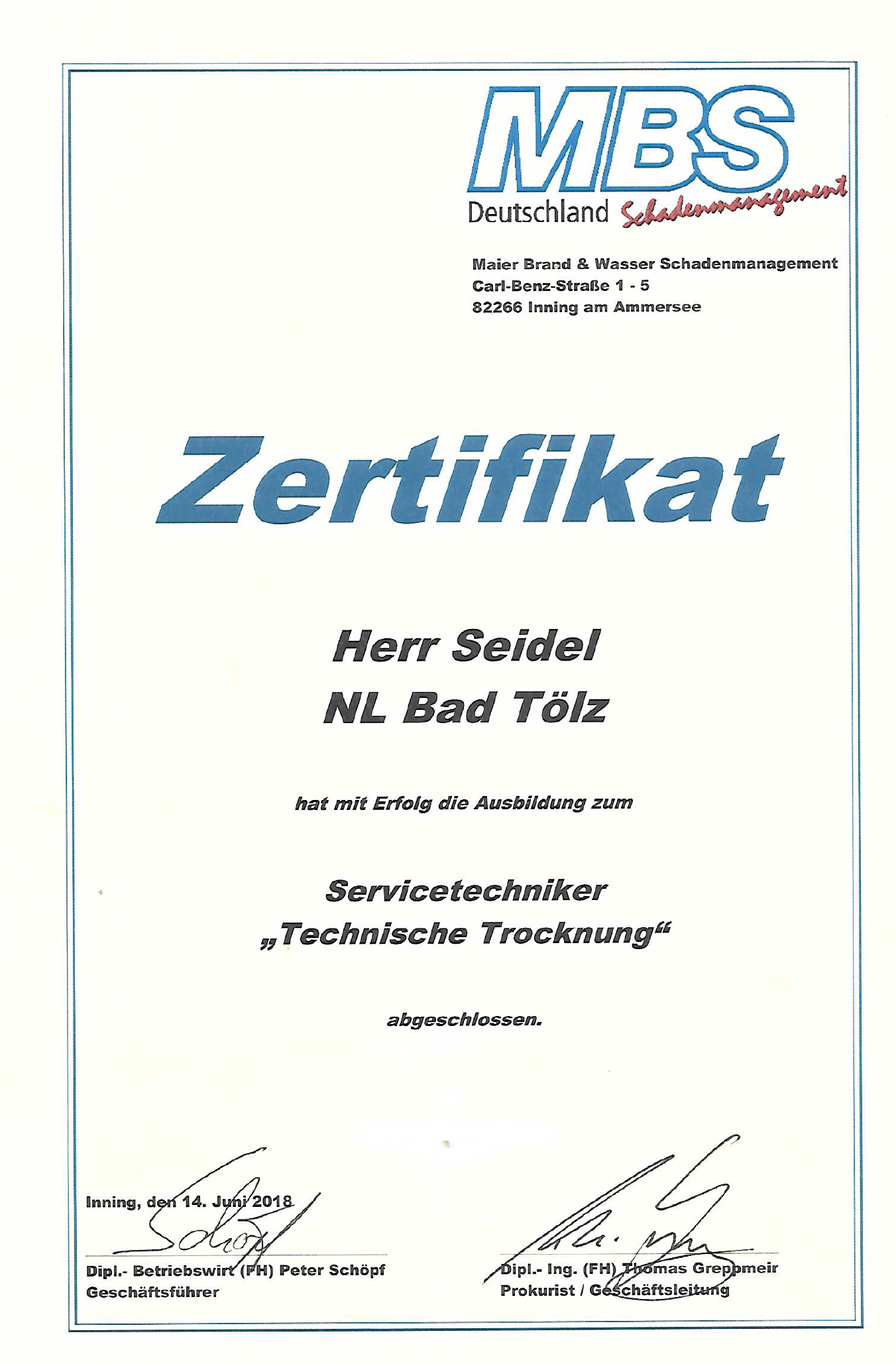 Zertifikat Technische Trocknung