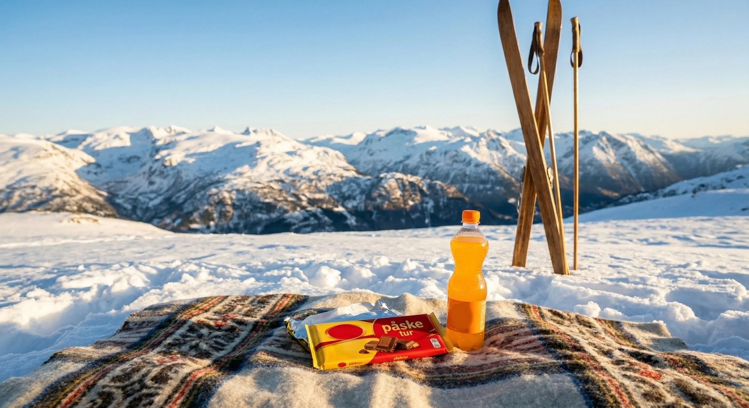 Dette bildet visualiserer det særnorske eksempelet om emosjonell tilknytning og tradisjon. Det viser en klassisk "gul brus" og en tursjokolade (i 'Kvikk Lunsj' og 'Solo'-stil, uten logo) på et pledd i den norske fjellheimen