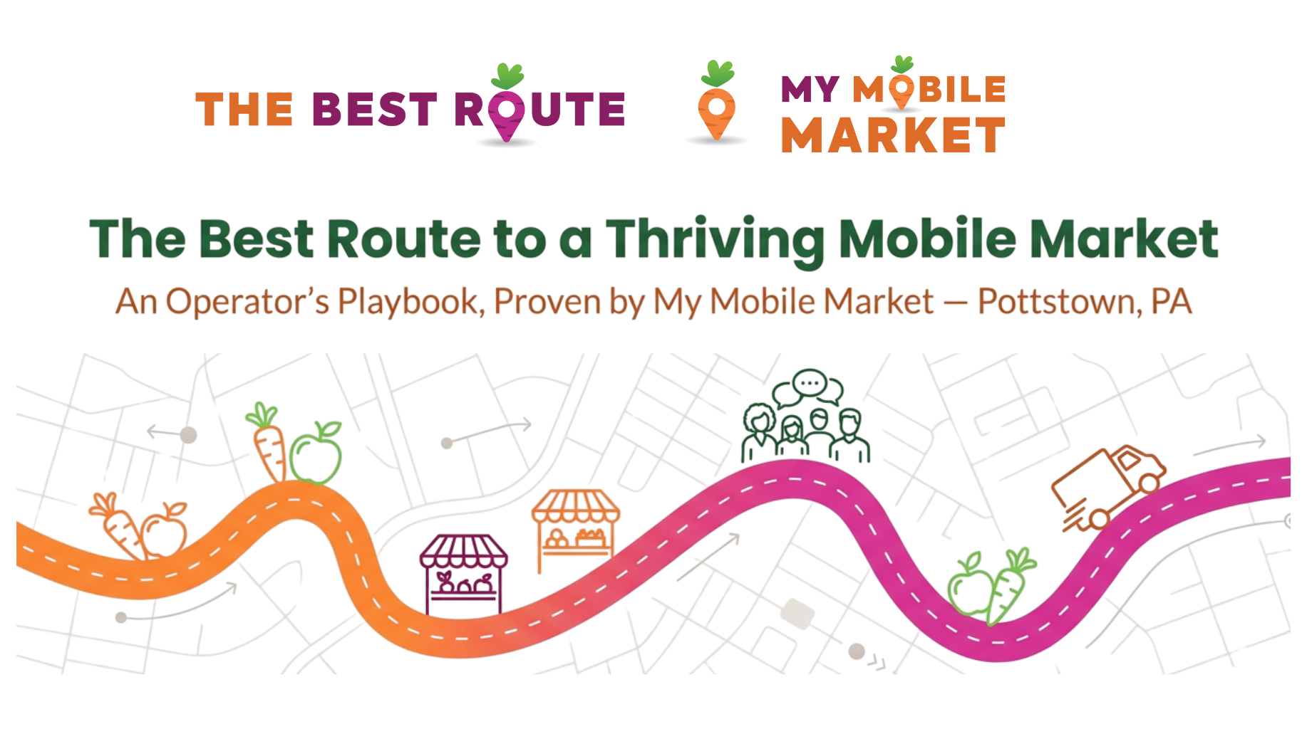 Cover page of a report titled "The Best Route to a Thriving Mobile Market" with a map showing a colorful curved path from left to right, featuring icons of carrots, apples, market stalls, people, and a delivery truck.