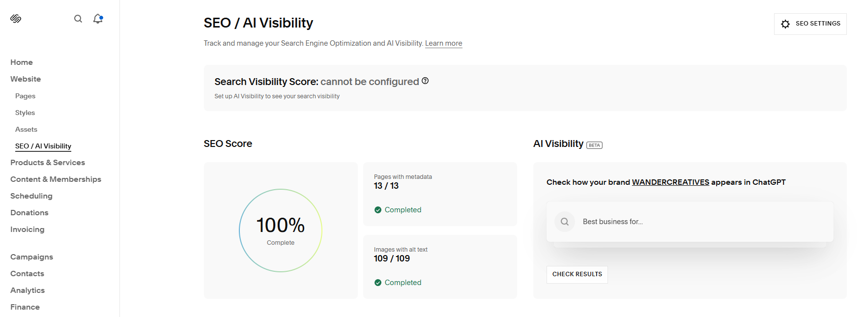 Squarespace' SEO/AIO score feature