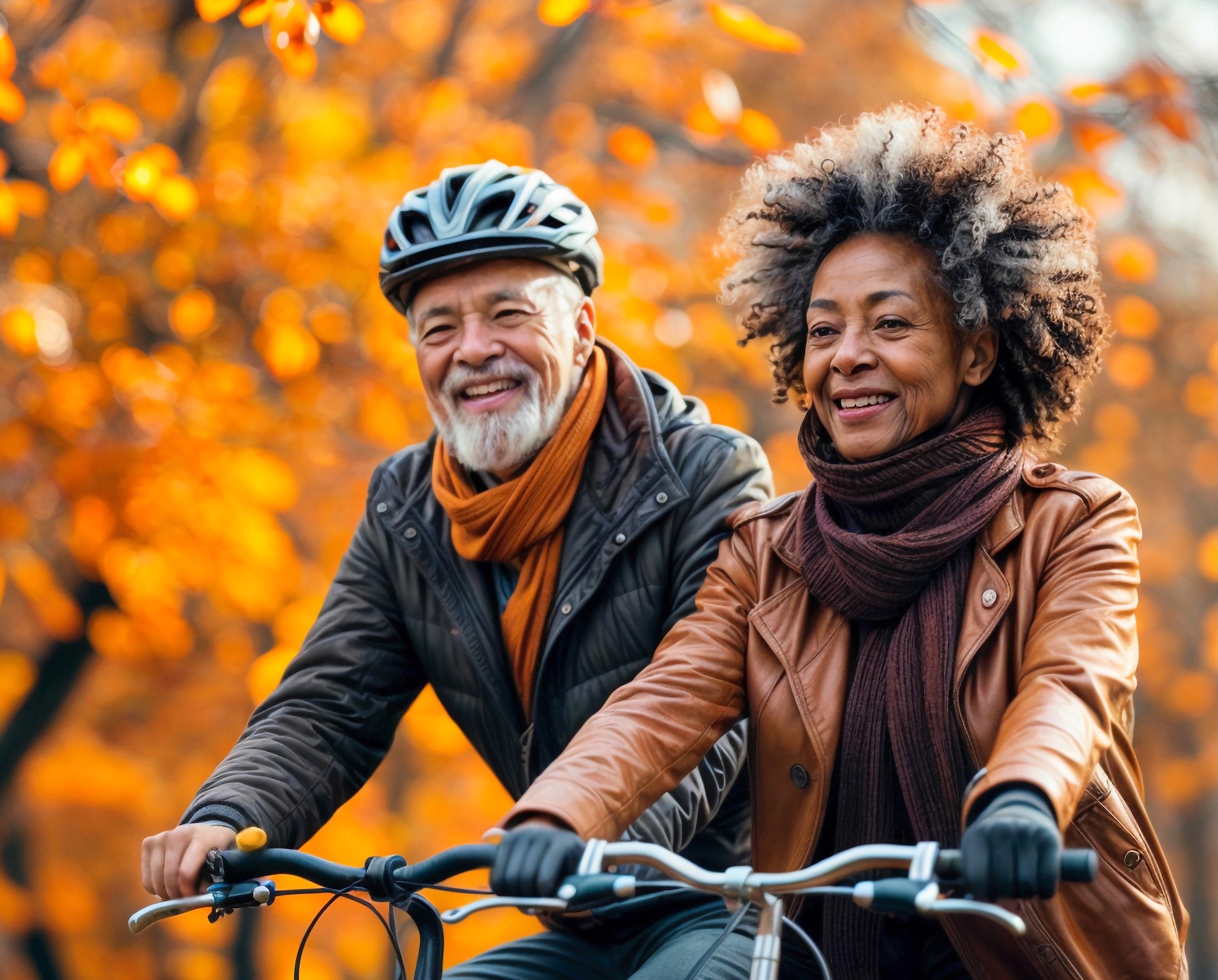 An elderly man and woman riding bicycles outdoors in autumn, smiling, with orange and yellow fall foliage in the background.
