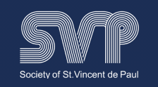 Logo of Society of St. Vincent de Paul, featuring stylized letters 'SVP' in white lines on a blue background.
