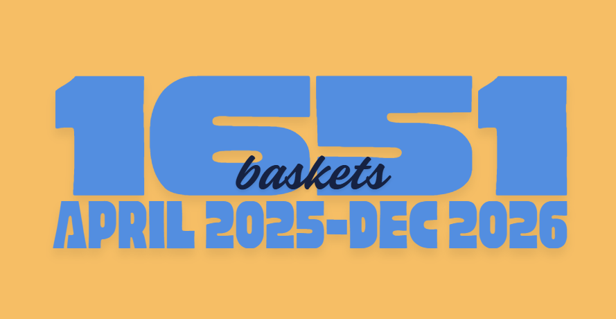 Large blue text displaying '151' with the word 'baskets' in cursive over it. Below, the dates 'April 2025 - Dec 2026' are written in bold blue letters on a tan background.