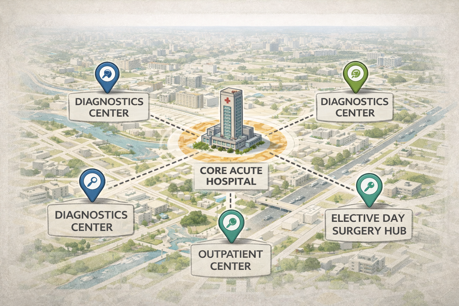 An image with the Core Acute hospital in the centre.  The radial hubs are diagnostics west, diagnostics east, outpatient centre, and elective day surgery hub.
