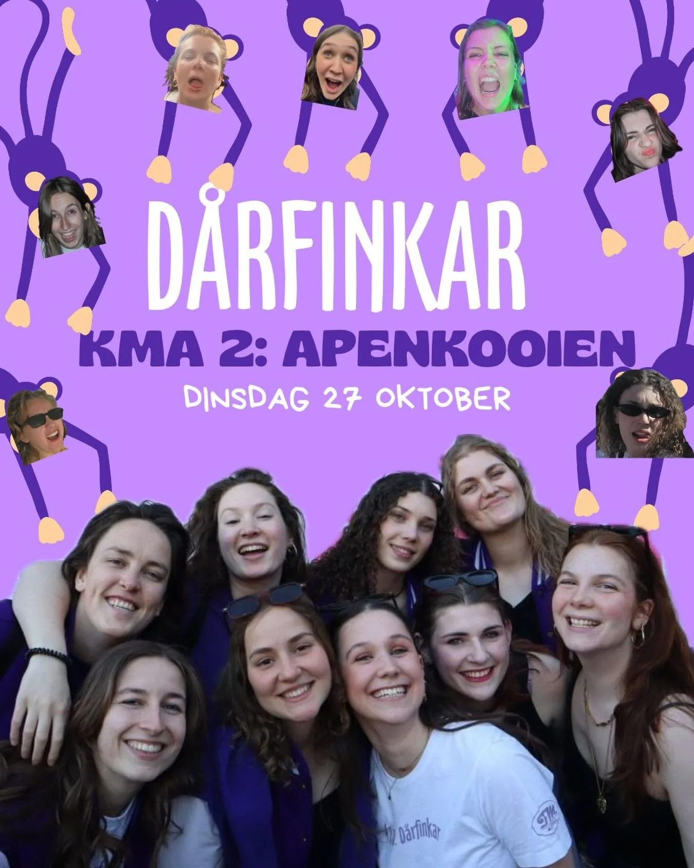 Kom jij ook als aapjes slingeren bij onze KMA op 27 oktober? Kom mee apenkooien en daarna mee cantussen!!!💜🐒🪩 Nog niks gehoord stuur ons een DM!!