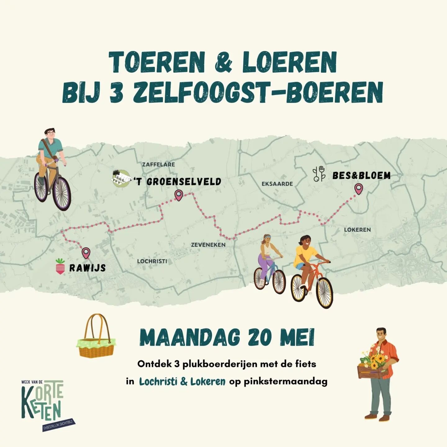 Fiets mee van plukboerderij naar plukboerderij, op Pinkstermaandag 20 mei - tijdens de Week van de Korte Keten.

3 plukboerderijen uit Lokeren en Lochristi slaan de handen in elkaar voor een mooie en inspirerende fietstocht langs hun bedrijven.

Zelf