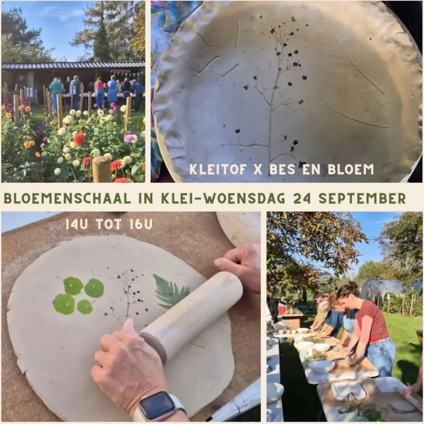 Workshop Bloemenschaal in klei

Reina neemt jou mee in het mooie bloemenveld. waar je zelf je lievelingsbloemen mag plukken.
 Je boetseert een prachtige schaal nadat Els van Kleitof jou de knepen van het vak heeft uitgelegd.
 Jouw gekozen bloemen dru