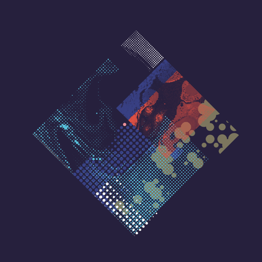 Abstract digital art featuring a pixelated, cube-shaped display with a stylized portrait and colorful bokeh effects against a dark background.