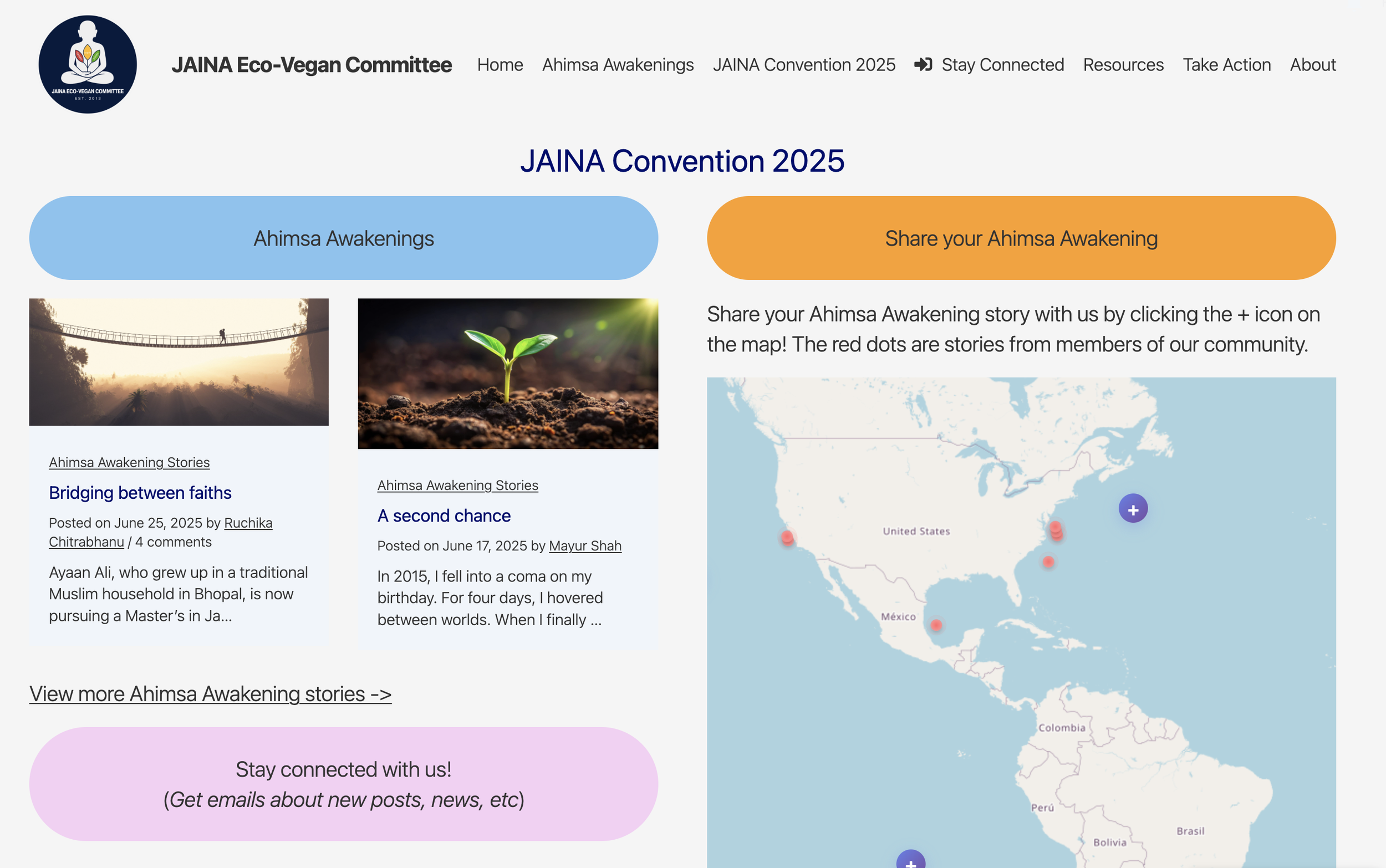 Screenshot of the JAINA Eco-Vegan Committee website featuring the JAINA Convention 2025. The page includes navigation links, two sections titled 'Ahimsa Awakenings' and 'Share your Ahimsa Awakening,' with images of a suspension bridge and a plant spr