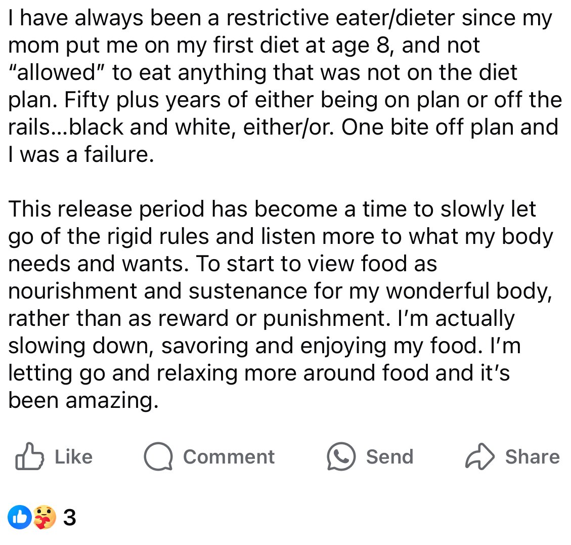 Text discussing a personal journey with food restrictions and mindful eating, emphasizing relaxation and enjoyment of food.