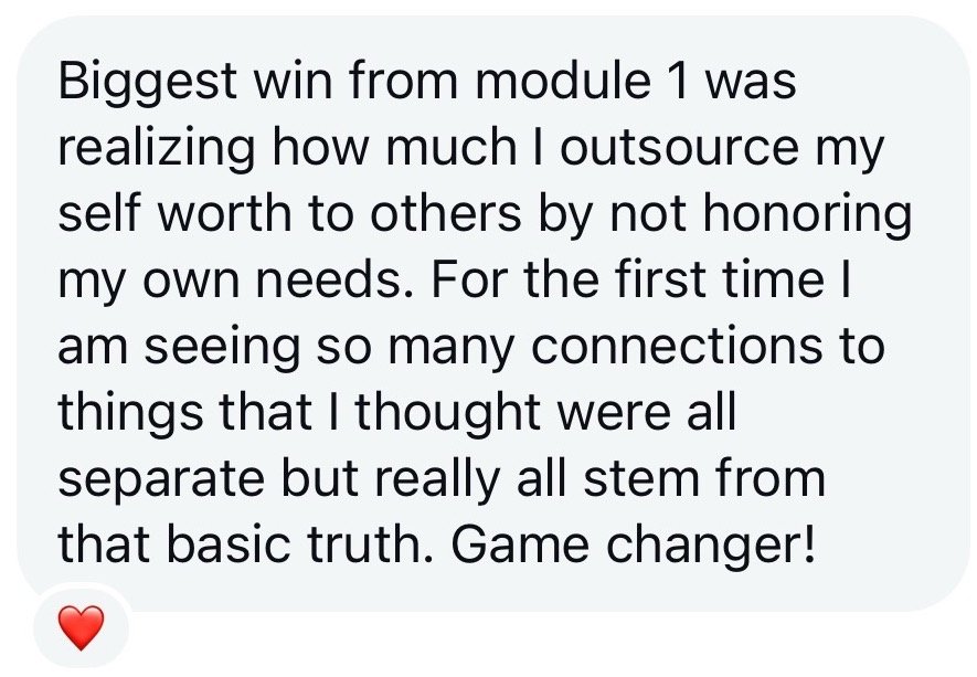 Text message with a red heart emoji at the bottom left corner. The message discusses personal growth and the realization of interconnectedness of things.