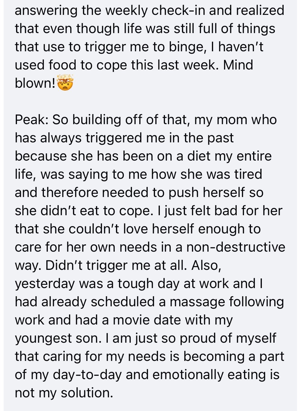 Text excerpt about managing emotional triggers related to food, dieting, and self-care.