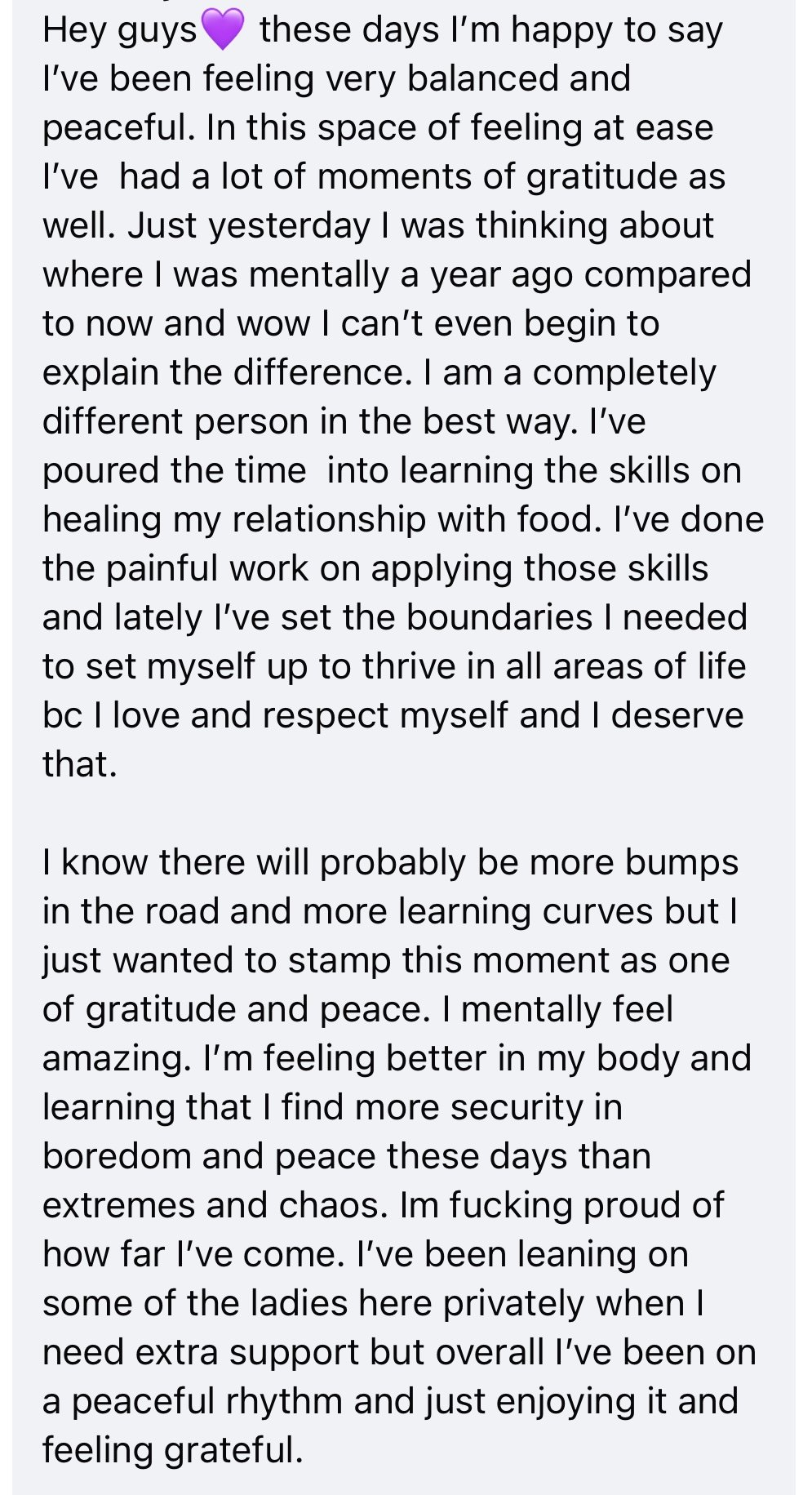 A text message expressing feelings of happiness, gratitude, and personal growth, emphasizing the importance of self-love, peace, and resilience.