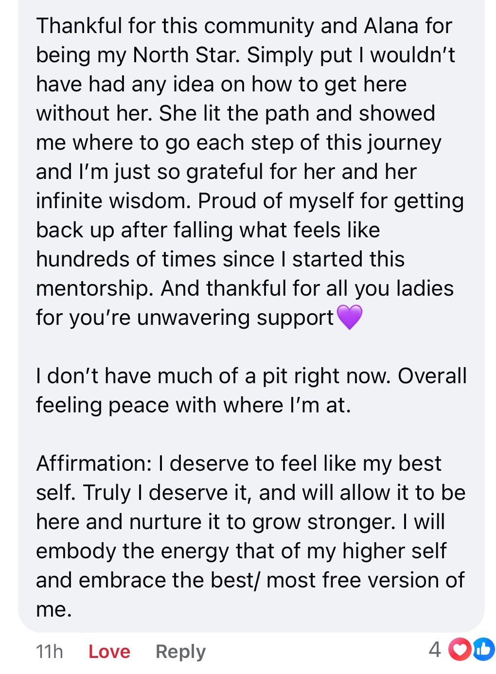 Text message expressing gratitude to Alana for guidance on a journey, appreciation for mentorship, and self-affirmation, with a purple heart emoji.
