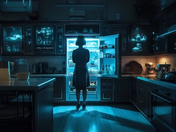 A cinematic kitchen scene at night illustrating why do I overeat by showing a successful woman ignoring body signals and using food as a biological downshift for accumulated stress - BeWellByAK, Alana Kessler RDN