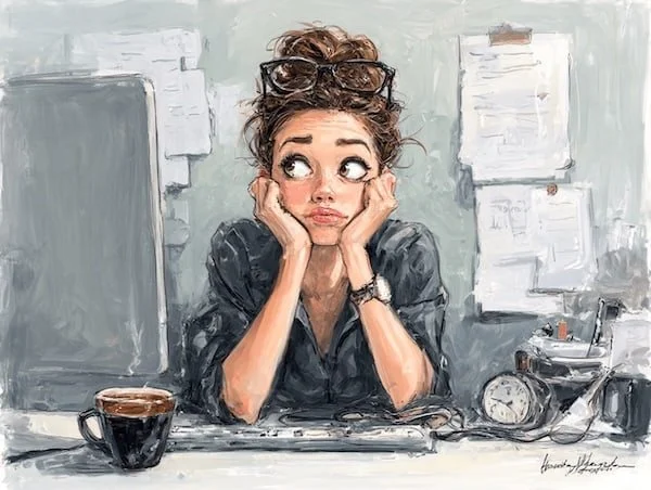 A woman at her desk job looking like the definition of  "Tired but Wired"