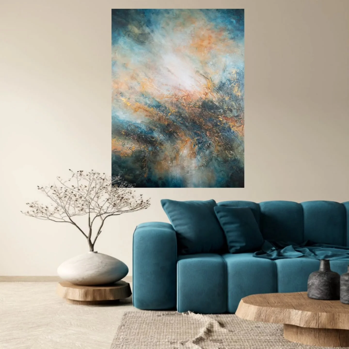 'The Hand of God'
Bold, grounded, and full of quiet strength. 

I wanted to capture the feelings of a masculine energy rooted in earthy tones of burnt sienna, deep greens, and rich blues. 

Lighter turquoise and softer blues rise upward to meet gentl