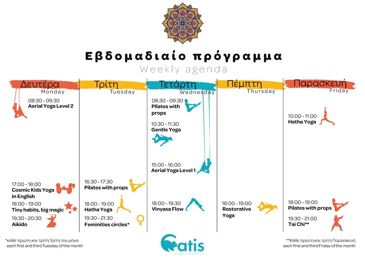 Weekly yoga class schedule with days of the week in Greek, including classes like Aerial Yoga, Pilates, Hatha Yoga, Vinyasa Flow, and Tai Chi, with a colorful decorative pattern at the top.