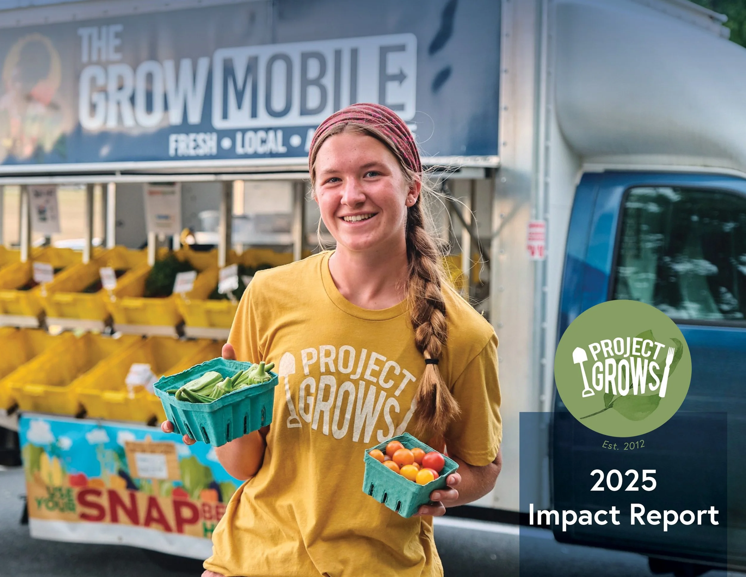 Person holding up quart of okra and pint of cherry tomatoes in front of mobile farmers market