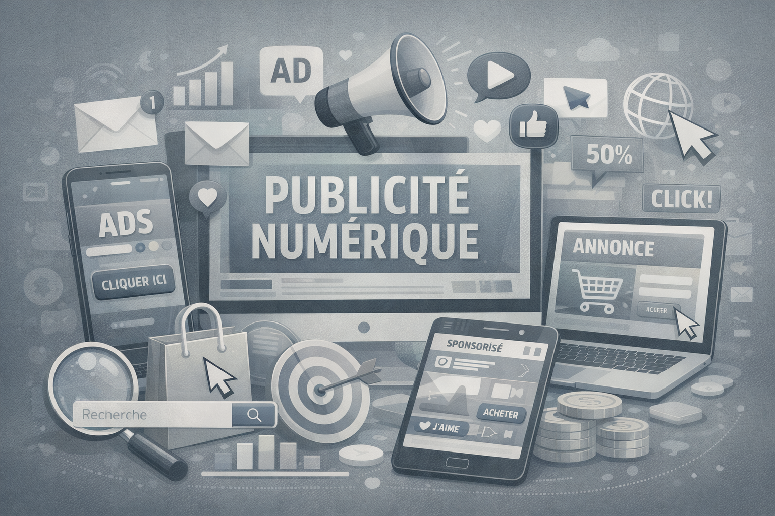 Illustration représentant la publicité numérique, incluant la gestion de campagnes en ligne sur Meta et Google.