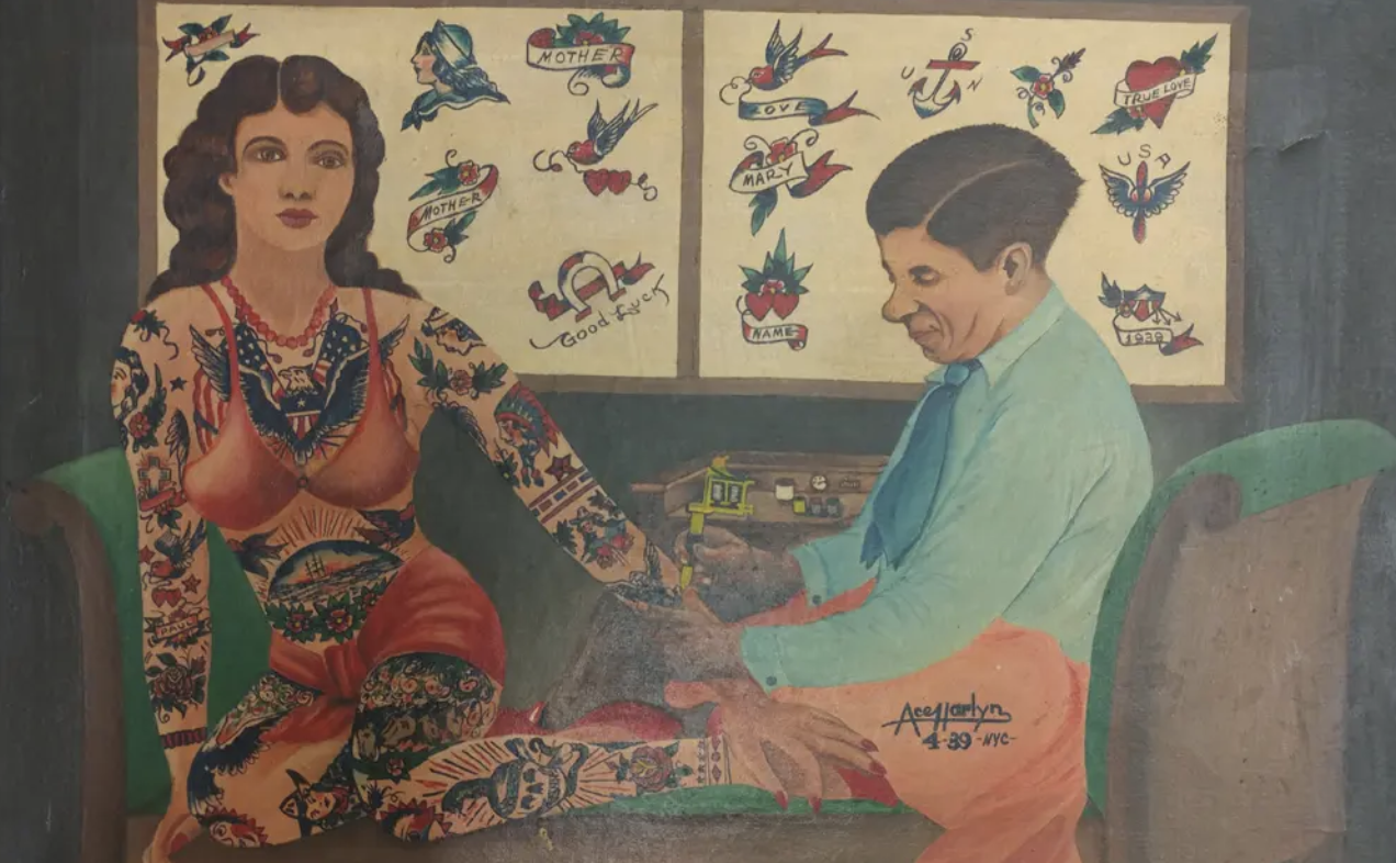 Charlie Wagner tattooing Millie Hull, 1939, by Ace Arlyn (active ca. 1930-1940).Collection of Brad Fink, Daredevil Tattoo NYC, Courtesy of The New York Historical Society Museum & Library